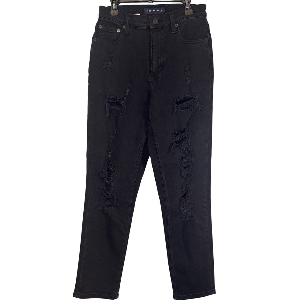 Aeropostale Womens High Rise Distressed Mom Jeans Black Ripped Denim Size 4R
